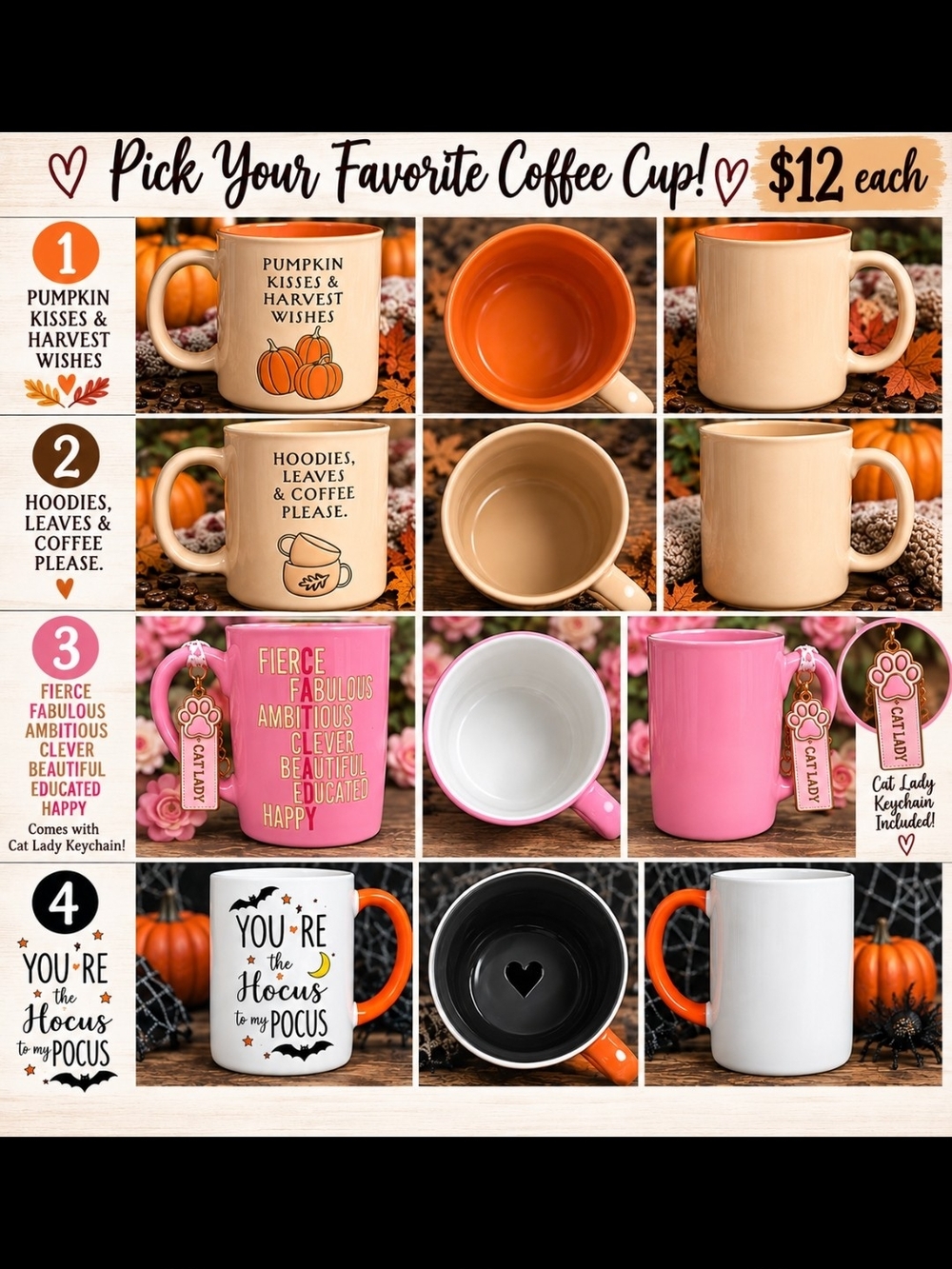 Autumn Ceramic Coffee Mug Collection - Pink, Orange, Cream, White